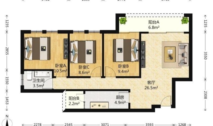 渝北回兴 隆鑫鸿府 3室2厅2卫 100平米